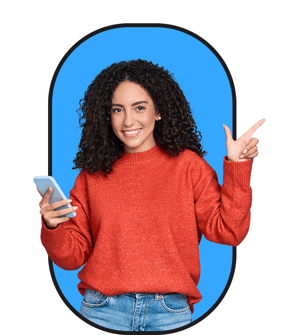 A woman with curly hair looking for work and pointing at her phone.