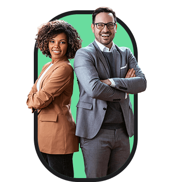 Two business people looking for work standing in front of a green background.