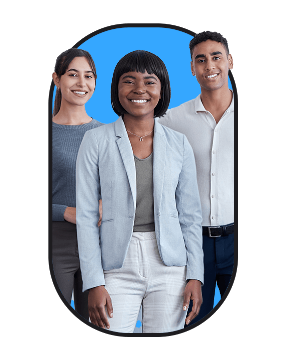 A group of people looking to hire standing in front of a blue background.
