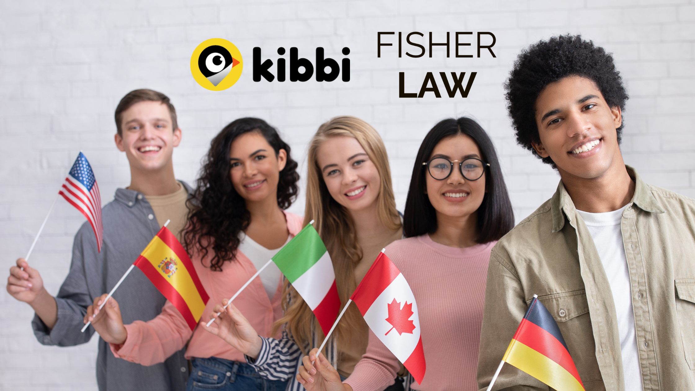A group of people holding flags with the words fisher law in Calgary.